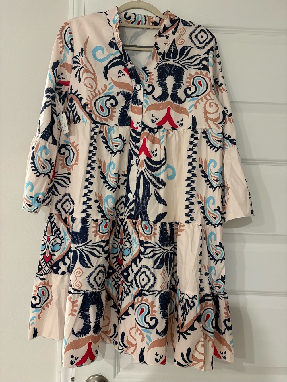 Boho Tiered Button Front Dress in Cream with Navy & Aqua Print
